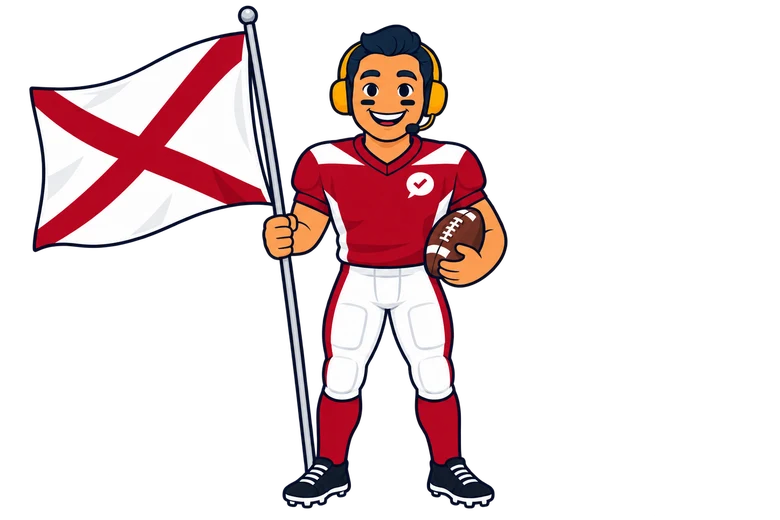 Ray, the RealAgentQuotes helper, waving an Alabama flag on a football field