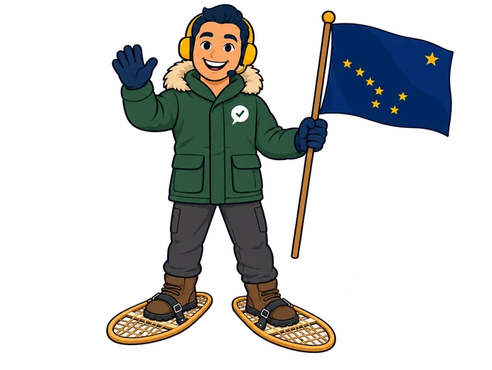 Ray, the RealAgentQuotes helper, waving an Alaska flag on snowshoes