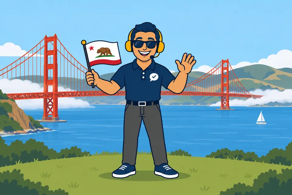Ray, the RealAgentQuotes helper, waving a California flag by the Golden Gate Bridge
