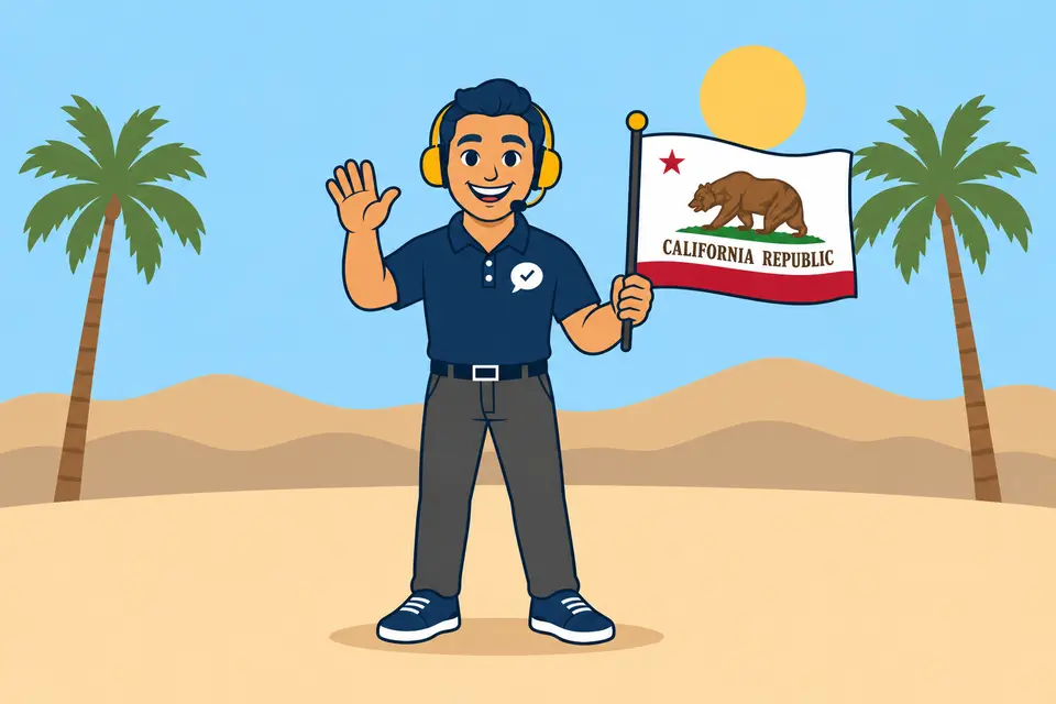 Ray, el ayudante de RealAgentQuotes, con una bandera de California