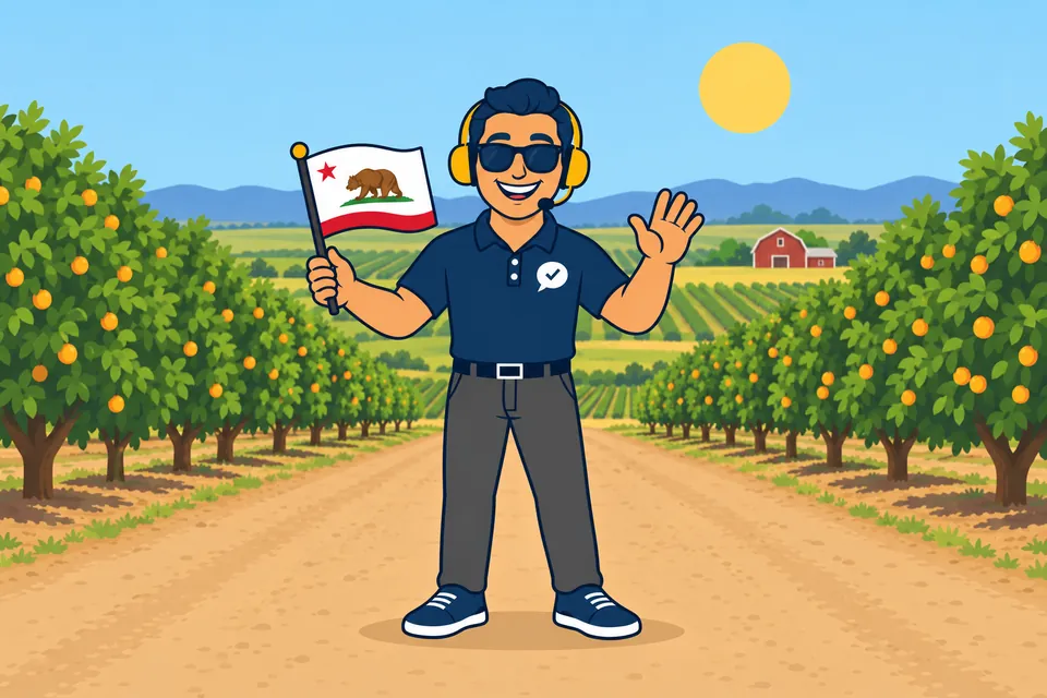 Ray, the RealAgentQuotes helper, waving a California flag in a Central Valley orchard