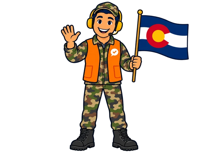 Ray, the RealAgentQuotes helper, waving a Colorado flag in the Rocky Mountains