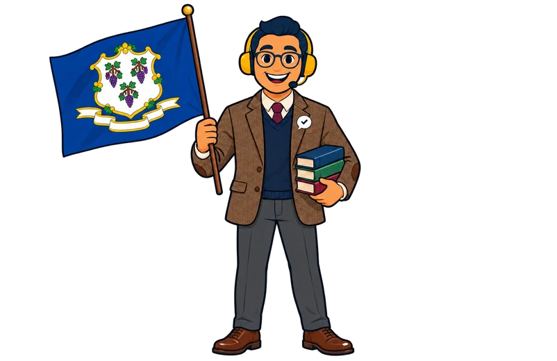 Ray, el ayudante de RealAgentQuotes, con una bandera de Connecticut en un campus universitario en otoño