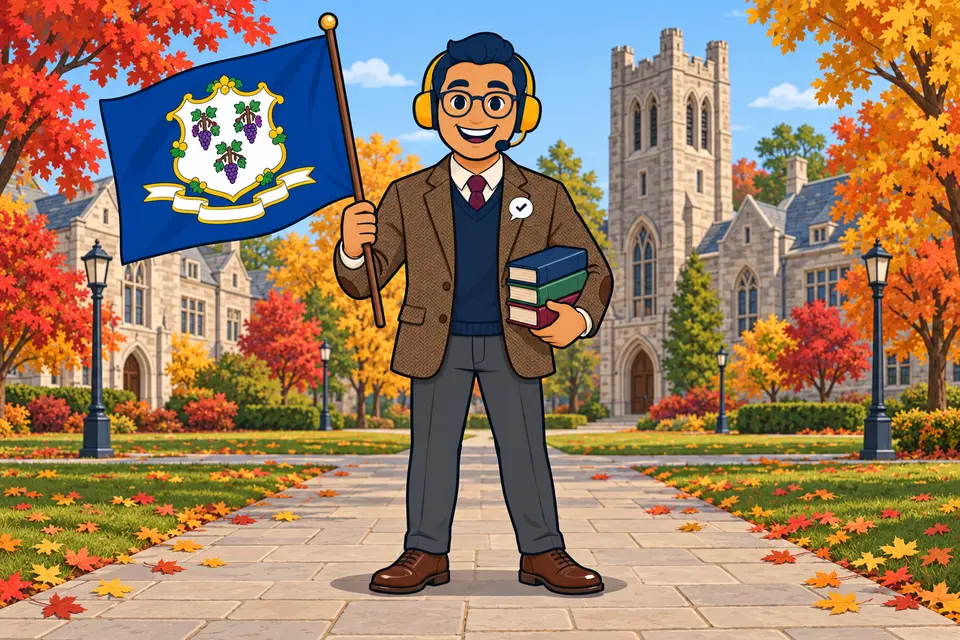Ray, el ayudante de RealAgentQuotes, con una bandera de Connecticut