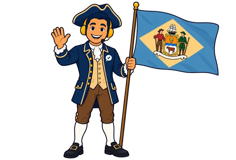 Ray, el ayudante de RealAgentQuotes, con una bandera de Delaware con un abrigo colonial