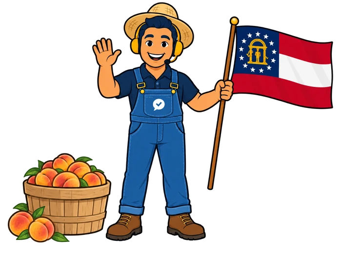 Ray, el ayudante de RealAgentQuotes, con una bandera de Georgia en un huerto de duraznos