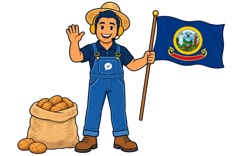 Ray, the RealAgentQuotes helper, waving an Idaho flag next to a sack of potatoes