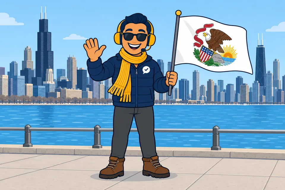 Ray, el ayudante de RealAgentQuotes, con una bandera de Illinois