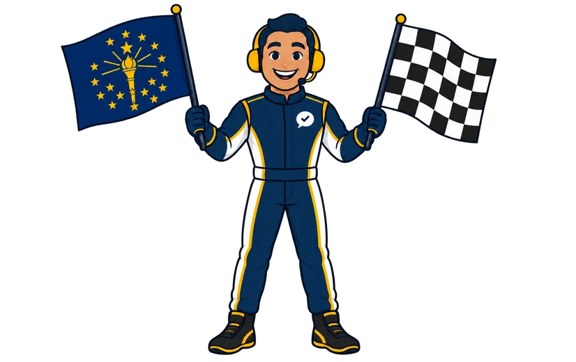 Ray, the RealAgentQuotes helper, waving an Indiana flag and a checkered flag at the speedway