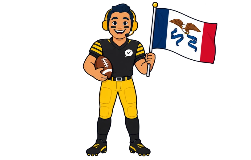 Ray, the RealAgentQuotes helper, waving an Iowa flag by a cornfield and a football stadium