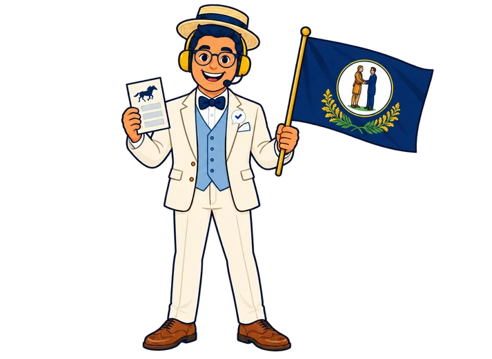 Ray, el ayudante de RealAgentQuotes, con una bandera de Kentucky en el hipódromo
