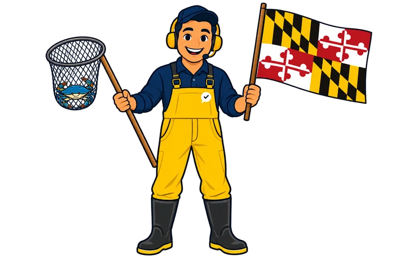 Ray, el ayudante de RealAgentQuotes, con una bandera de Maryland en un muelle de cangrejos
