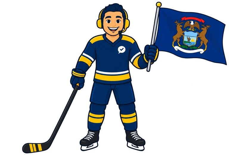 Ray, the RealAgentQuotes helper, waving a Michigan flag on a hockey rink