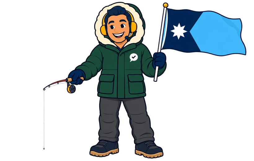 Ray, the RealAgentQuotes helper, waving a Minnesota flag while ice fishing