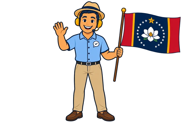 Ray, the RealAgentQuotes helper, waving a Mississippi flag by the river