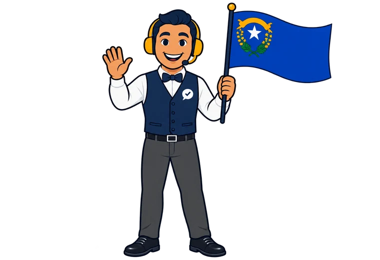 Ray, the RealAgentQuotes helper, in a vest and bow tie waving a Nevada flag