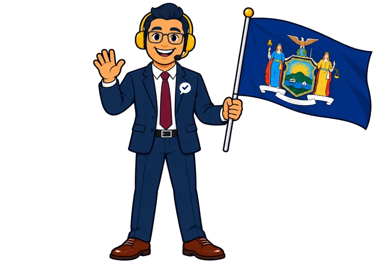 Ray, the RealAgentQuotes helper, waving a New York flag