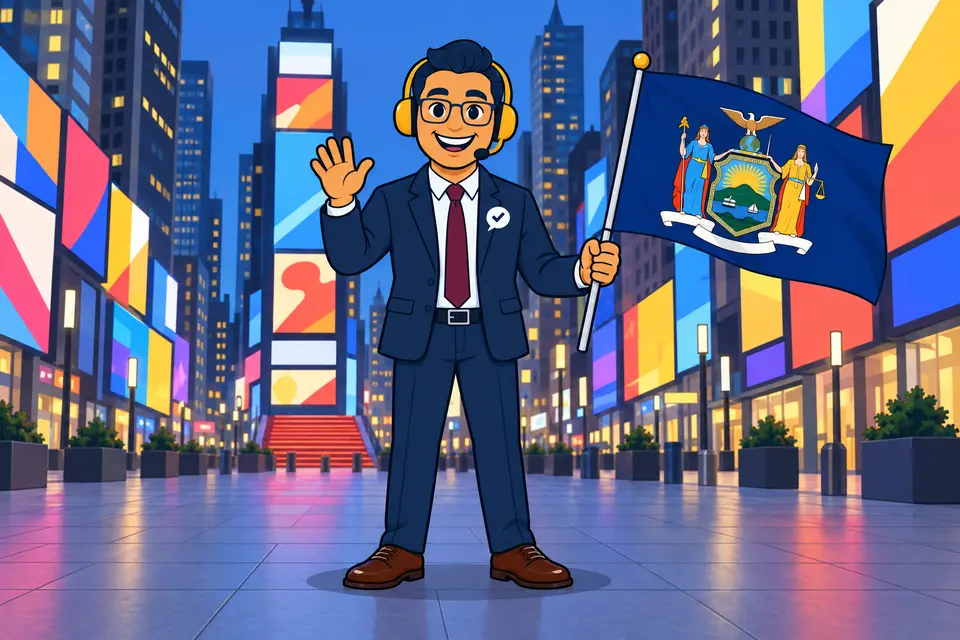 Ray, the RealAgentQuotes helper, waving a New York flag
