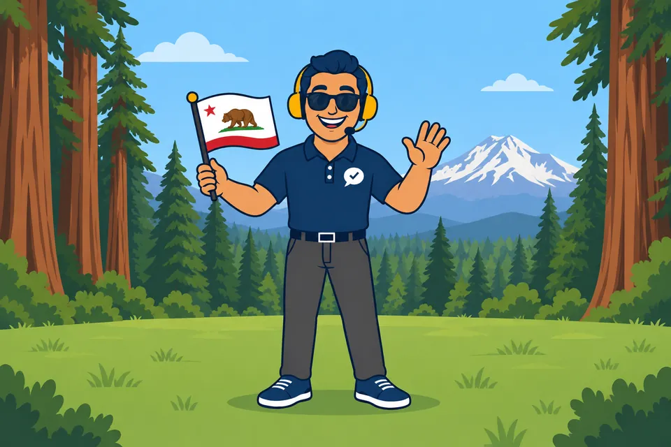 Ray, the RealAgentQuotes helper, waving a California flag among redwoods near Mount Shasta