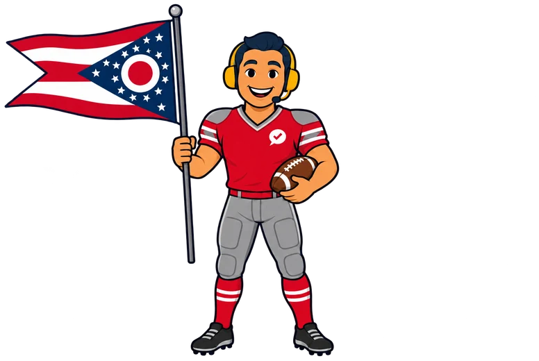 Ray, el ayudante de RealAgentQuotes, con una bandera de Ohio a la orilla del lago Erie