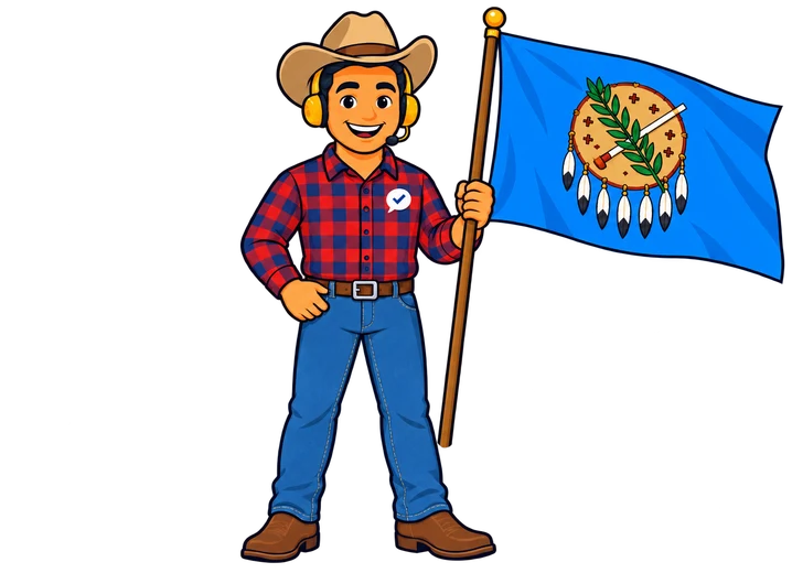 Ray, the RealAgentQuotes helper, waving an Oklahoma flag on a ranch