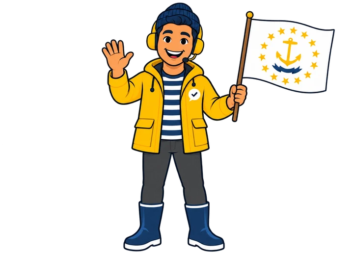 Ray, el ayudante de RealAgentQuotes, con una bandera de Rhode Island junto a un faro