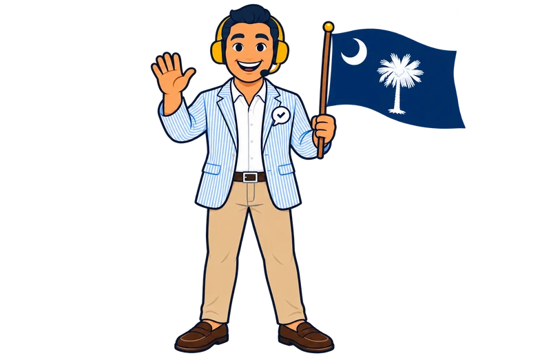 Ray, the RealAgentQuotes helper, waving a South Carolina flag by the harbor