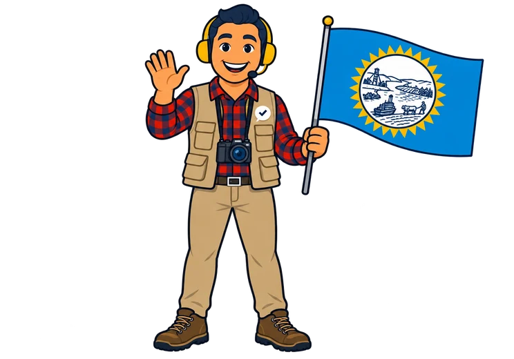 Ray, the RealAgentQuotes helper, waving a South Dakota flag near Mount Rushmore