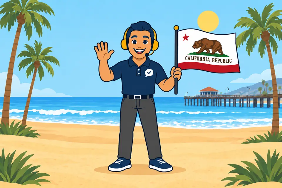 Ray, el ayudante de RealAgentQuotes, con una bandera de California en una playa del sur de California