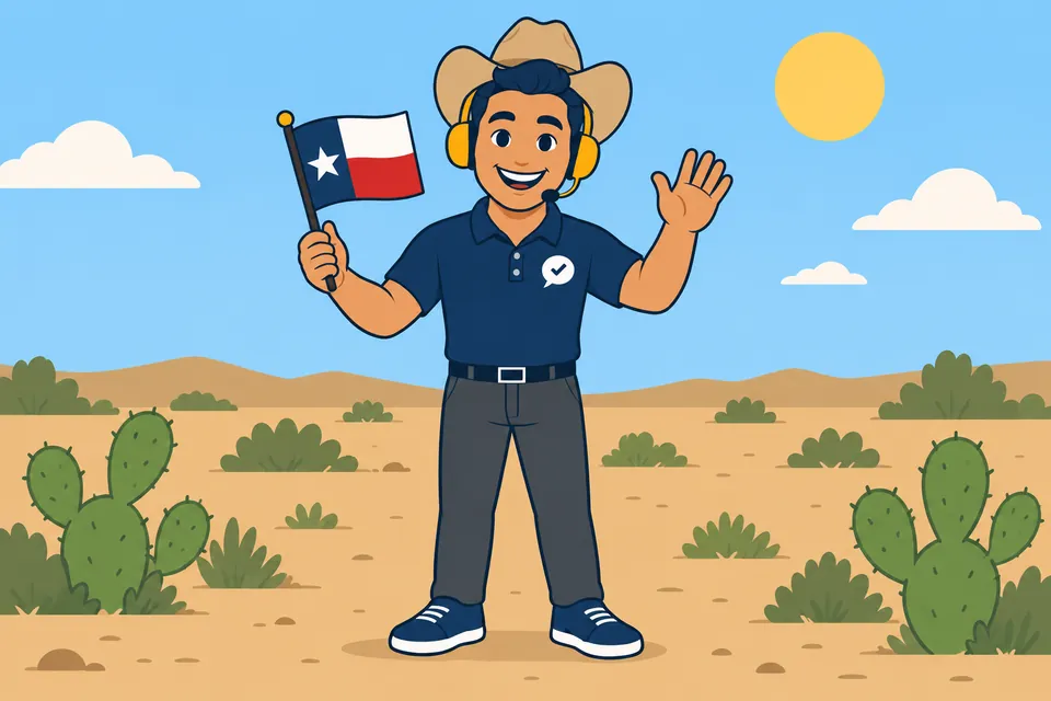 Ray, el ayudante de RealAgentQuotes, con una bandera de Texas