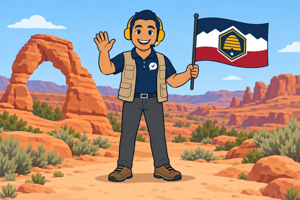 Ray, el ayudante de RealAgentQuotes, con una bandera de Utah