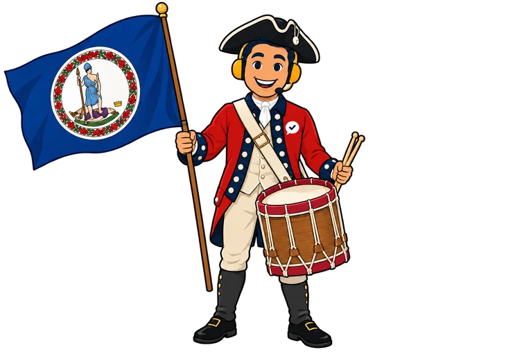 Ray, el ayudante de RealAgentQuotes, con una bandera de Virginia vestido de tamborilero colonial