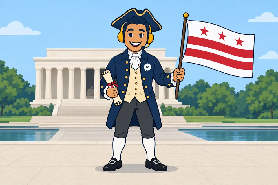 Ray, the RealAgentQuotes helper, waving a Washington, DC flag