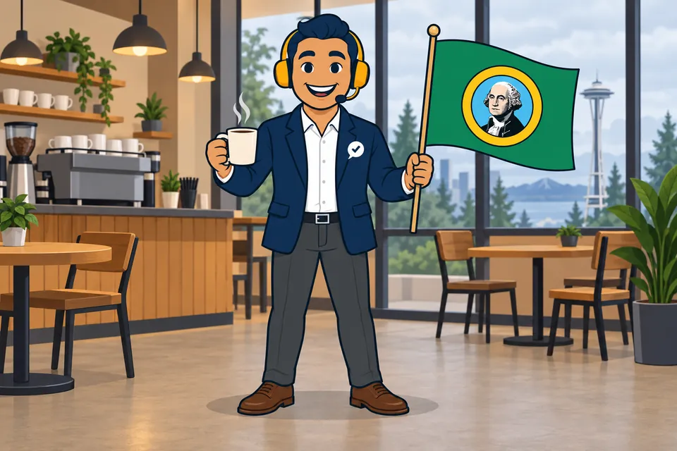 Ray, the RealAgentQuotes helper, waving a Washington flag