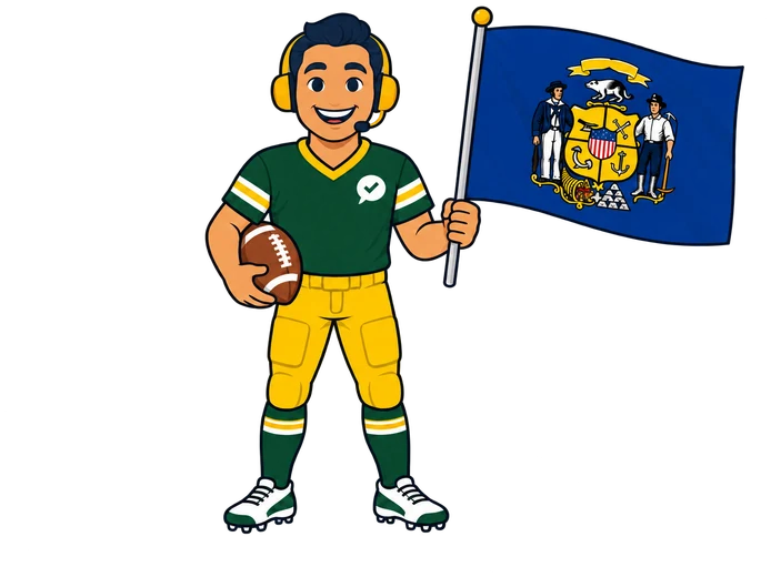Ray, el ayudante de RealAgentQuotes, con una bandera de Wisconsin en un campo de futbol americano