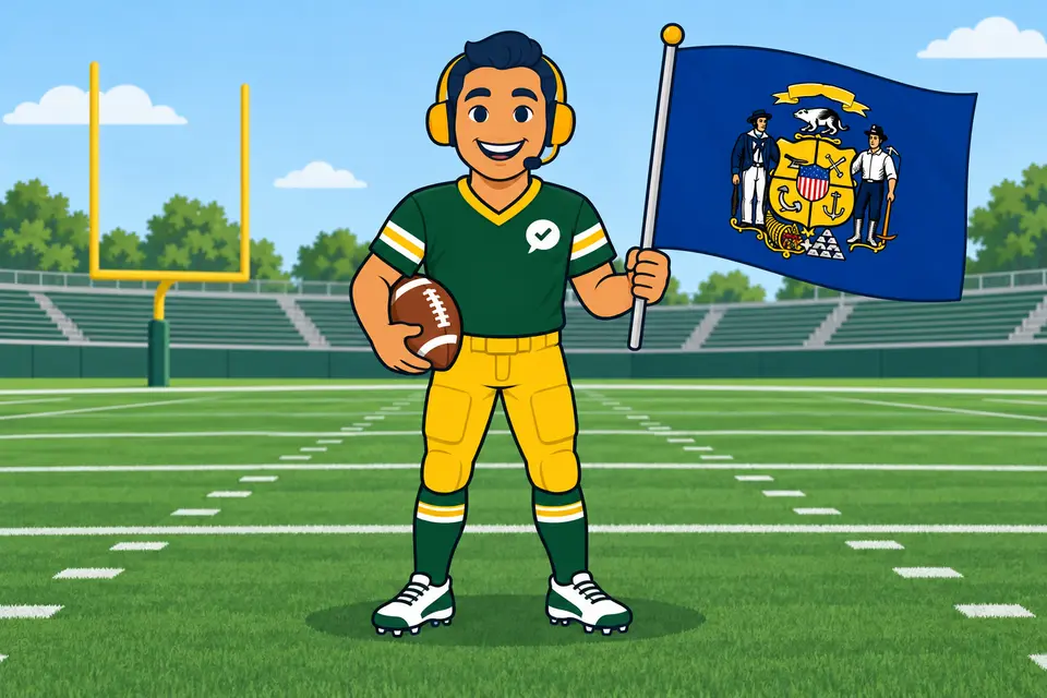 Ray, el ayudante de RealAgentQuotes, con una bandera de Wisconsin