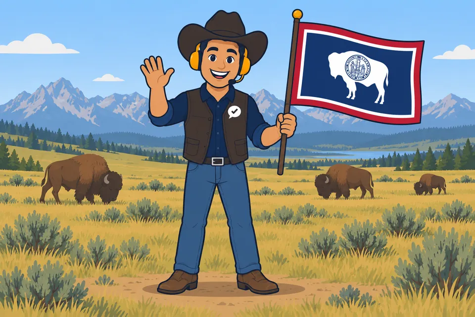 Ray, the RealAgentQuotes helper, waving a Wyoming flag